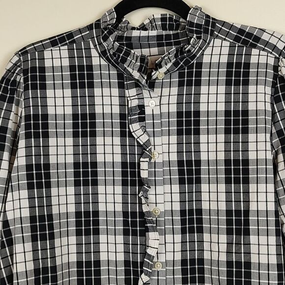 LOFT Long Sleeve Button Down Ruffled Blouse Black and White Plaid - Picture 5 of 12